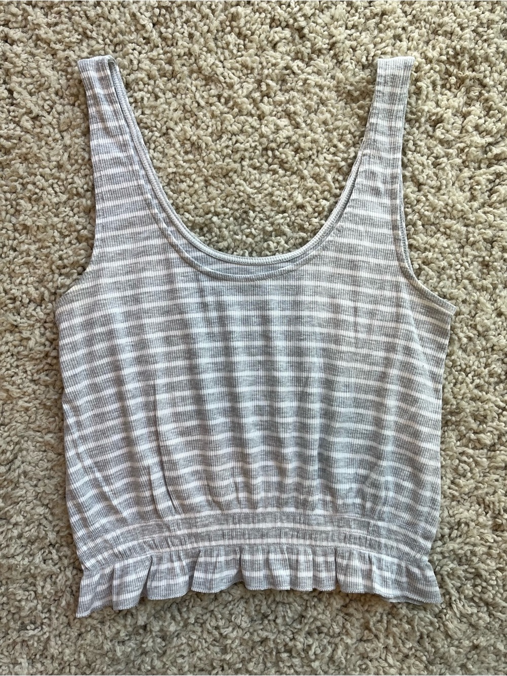 American Eagle Light Gray and White Striped Ruffle-Hem Tank